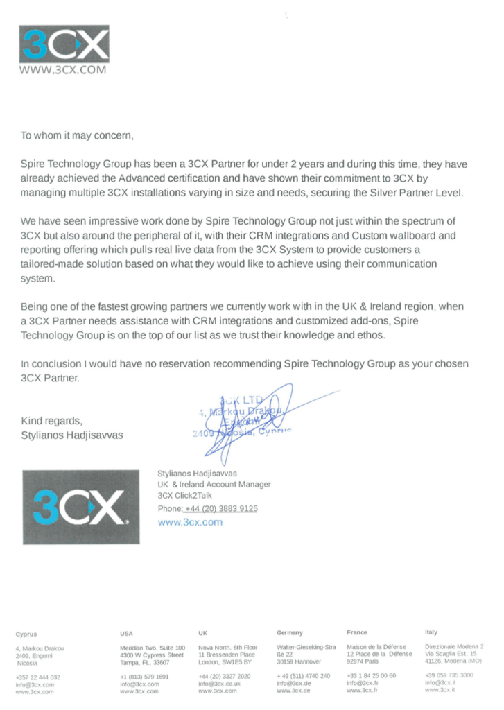 Spire 3CX Silver Partner Letter